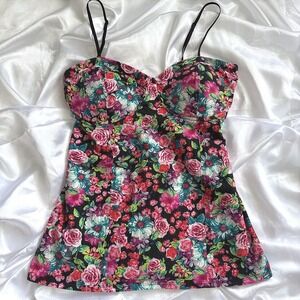 Candies Floral Bustier Camisole Top Black Pink Teal Sweetheart Neck XL